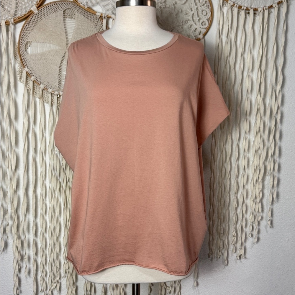 PLANET by Lauren G Soft Peach Pima Cotton Cap Sleeve Minimalist Tee One Size
